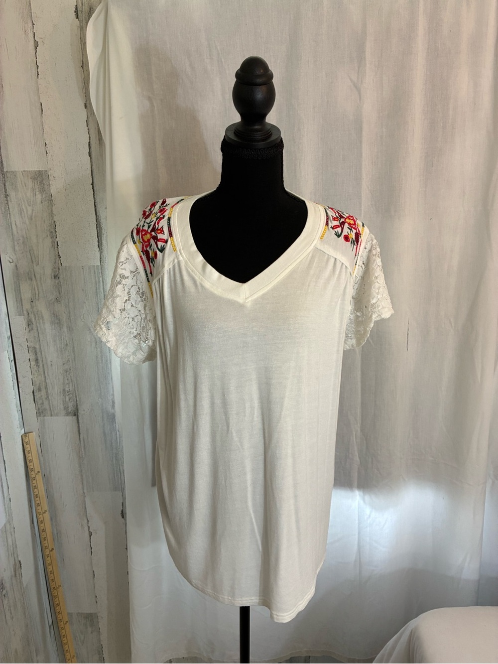 White V-Neck Short Sleeve Top with Embroidered Shoulder Detail